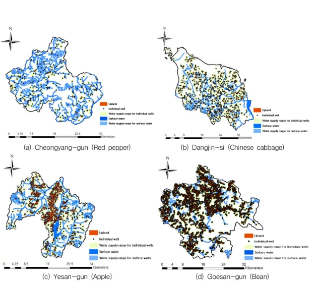 FIGURE 2. Distributes  of  individual wells for respective  crops 지역 중  지표수  관개면적  비율로  보면  70.7%와  56.1%로  높은  청양(고추),  괴산(콩)과  24.0% 와  21.8%로  낮은  당진(배추)과  예산(사과)을  구분할  수  있다