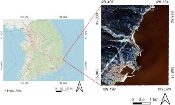 FIGURE 1. Study  area  and  KOMPSAT-3  satellite  imageNeural  Network)  모델을  활용하여  위성영상 
