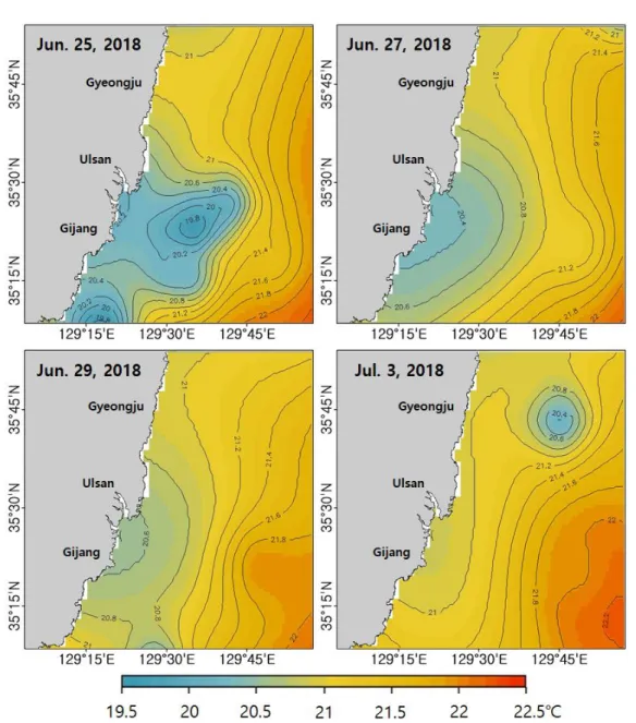 FIGURE  7. GHRSST saptial distribution  of cold water 사분면에  존재하였지만 MC와의 거리는 0.5㎞  이하로  큰  변동을  보이지  않은  것으로  나타났 다