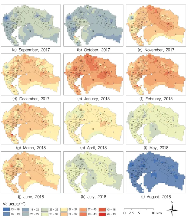 FIGURE  6.  Monthly  results of  IDW interpolation 는  것을  알  수  있다.  또한  상남동은  여름을  제 외한  모든  계절에서  가장  높은  것으로  나타나  특별  관리가  필요한  지역인  것으로  판단되었고,  이  지역의  연평균은  22.46㎍/㎥으로  나타났다