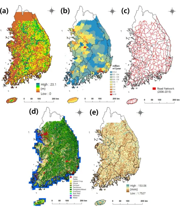 FIGURE  4.  Input  data  of  DrySAT-WFT model at  2015:  (a) Forest  height, (b) Groundwater  Use,    (c)  Road  Network, (d) Land  Use, and (e)  Soil erosion  depth