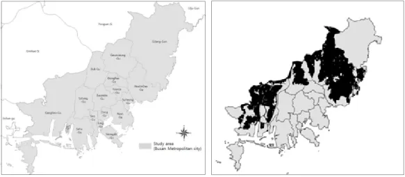 FIGURE 1.  Study area FIGURE  2.  Green belt  of study  area연구범위  및  방법론  설정1.  대상지  및  연구범위  설정연구의  대상지는  우리나라의  광역도시  중에서 부산광역시를  대상으로  하였다
