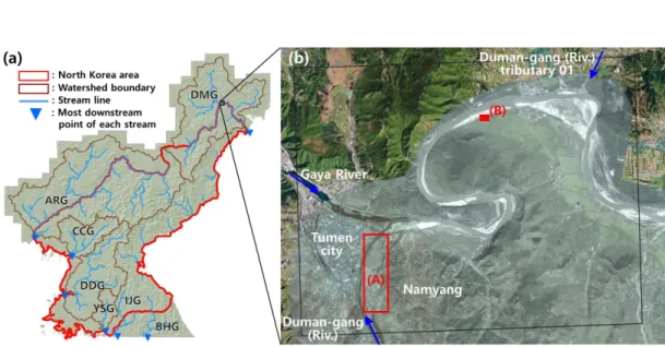 FIGURE 1.  Study area. (a) and (b) are runoff and inundation simulation areas  respectively