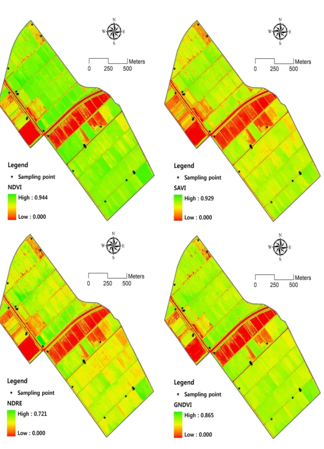 FIGURE  3.  Vegetation  indices  calculated  by  multispectral  image  obtained  by  UAV    (2nd  field  survey)