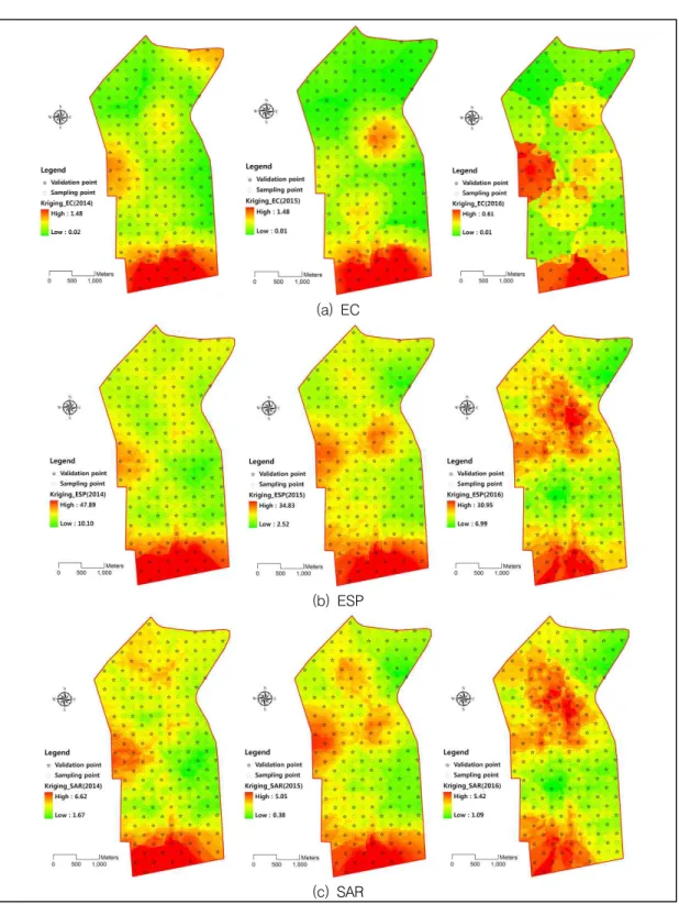 FIGURE  4.  Distribution  of  EC,  ESP,  SAR  using  Kriging  interpolation  method