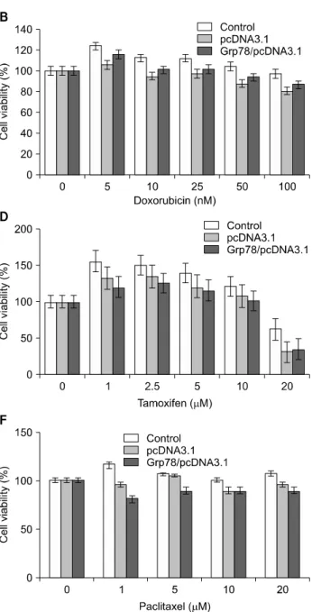 Fig. 2.  Effect  of  GRP78  overexpression  on  cytotoxicity  of  anticancer  agents  for  MCF-7  (A,  C,  E,  G)  and  MDA-MB-231  (B,  D,  F)  cells