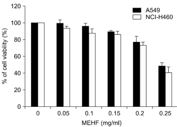Fig. 1.  Anti-proliferative  effects  of  H. fusiforme  methyl alcohol  extracts  (MEHF)  in  A549  and  NCI-H460  human  lung  cancer  cells