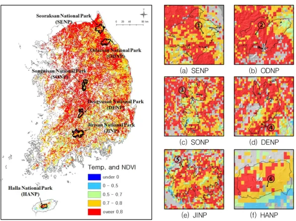 FIGURE  11.  Mean  correlation  coefficient  (r)  of  raw  and  trend  data  by  each  national  parks   