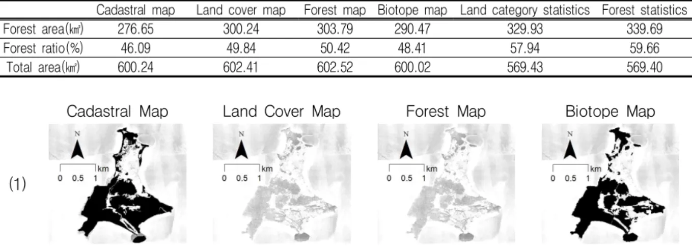 TABLE  1.  The  area  and  ratio  of  forest  in  each  spatial  information  and  statistical  data