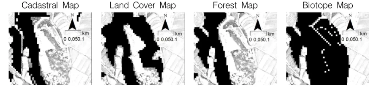 FIGURE  5.  Results  of  qualitative  comparison  between  spatial  information  (3)Difference  of  classification  criteria  –  cemetery  /  Legend:    Forest  Area