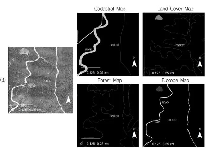 FIGURE  6.  Results  of  qualitative  comparison  between  spatial  information  (3)Difference  of  classification  criteria  –  forest  road  /  Legend:    Forest  Area    Road