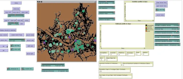 FIGURE  4.  Simulation  interface  view체에  대한  공간분포  특징을  알아보는  가장  일반적인  방법으로  Kernel  밀도분석을  실시한다.Kernel  밀도분석을  통해  도시  내  유동인구의 밀도를  계산하여  이를  확산의  속도와  연관시켜 모델링  하였다