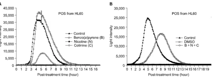 Fig. 1. Reactive oxygen species from PMA- treated HL60 cell Superoxide anion released from phorbol myristate acetate (PMA) treated HL60 was measured by LumiMax Ⓡ Superoxide Anion Detection Kit (Stratagene) and microplate luminometer ORION (Berthold)