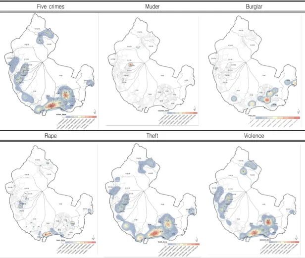 FIGURE 5. Kernel  density  estimation동과  3동은  통합되어  1개소가  운영되고  있으며 좌  1,  2동은  1개의  치안센터로  운영되고  있다.총  범죄의  경우  우  1동  과  좌  1동의  경계지점부  및  H  해수욕장  후면  일반상업지역  일대에 가장  높은  값을  나타내고  있으며  좌1동  중심부의  중심상업지역에  높은  수치로  나타났다