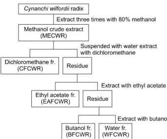 Fig. 1.  Fractionation  procedure  of  C.  wilfordii  Radix.  Frac- Frac-tionations  were  separated  by  separatory  funnel.