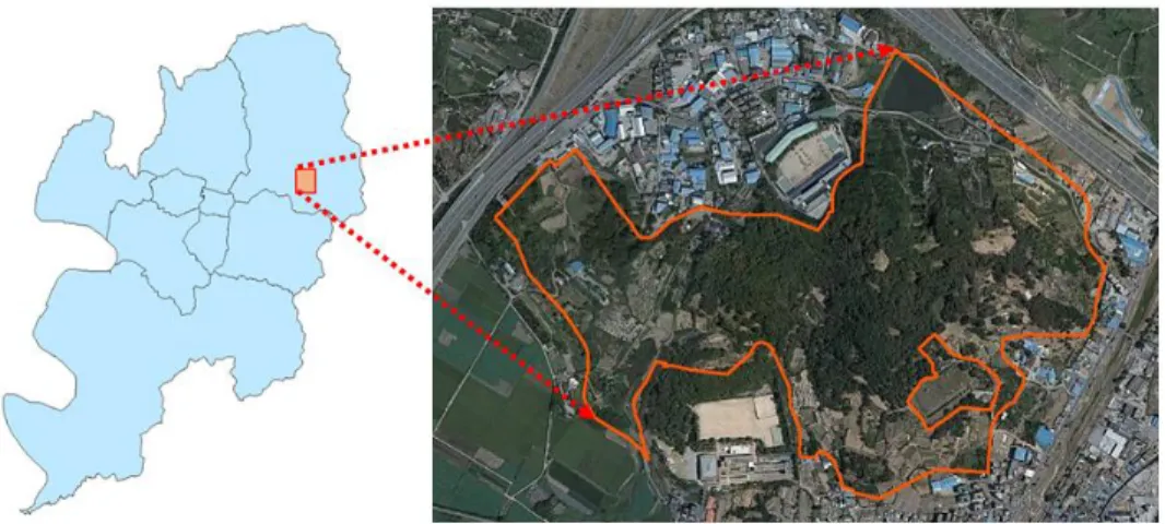 FIGURE  1.  Location of  study area  in Daegu원  형태로  존재하고  있으며,  뚜렷한  장래  사업계획이  제시되지  못하고  있다(Lee,  2011).이에  본  연구에서는  대구광역시  공원녹지기본계획에서  제시된  미조성  공원  사업  우선순위가  높으며,  도시지역에  위치하여  향후  주변  도시개발에  따라  조성가능성이  높은  돈지봉공원을  대상으로  녹지의  기능적  특성을  고려한  객관적인  방