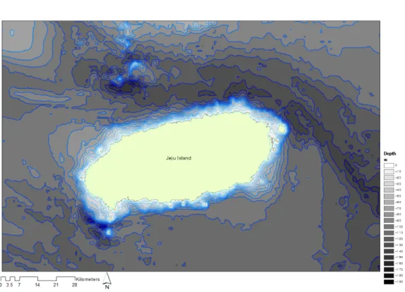 FIGURE 4.  Bathymetry around Jeju  Island 연장이 증가함에  따라  천문학적인  비용이  발생 하는데,  송전선로의  종착지인  변전소의  위치정 보는  경제성  산정에  있어서  매우  중요한  요소이 다