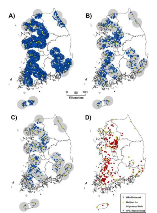 FIGURE 5. Procedure to estimate potential HPAI-infected farms after outbreak(HPAIIF, red-filled  dots)  from  HPAI-Non  Infected  farms  before  outbreak(HPAINF,  filled  blue-filled  dots)  using  Multiple Ring Buffer (MRB, pink-filled circles and large o