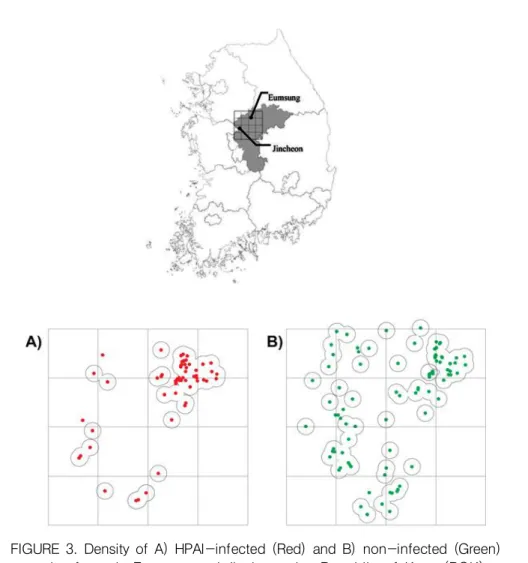 FIGURE 3. Density of A)  HPAI-infected (Red)  and  B)  non-infected  (Green)  poultry farms  in  Eumsung  and  Jincheon  city,  Republic  of  Korea(ROK)   