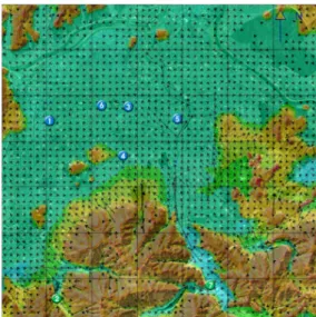 FIGURE 7. Location of the measurement points고  있음을  보여주고  있다.  따라서  이러한  영향으로  앞의  그림  3에서  관찰되었던  도심지역일대에서의  일부  무풍지역이  사라졌으며,  전반적인 찬공기  유동성이  상당히  개선되었음을  알  수  있다