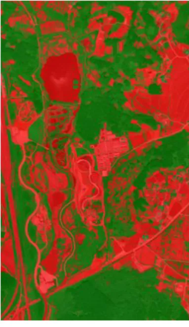 FIGURE  3.  Binary vegetation  classification derived from multi -threshold segmentation results소프트웨어  사용하여  비행계획  수립하고  비행 후  비행  정보(기체회전각,  비행좌표  등)가  포함된  log파일에서  촬영된  이미지의  좌표정보를  삽입하였다
