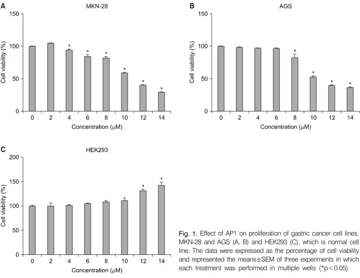 Fig. 1. Effect of AP1 on proliferation of gastric cancer cell lines,  MKN-28  and  AGS  (A,  B)  and  HEK293  (C),  which  is  normal  cell  line