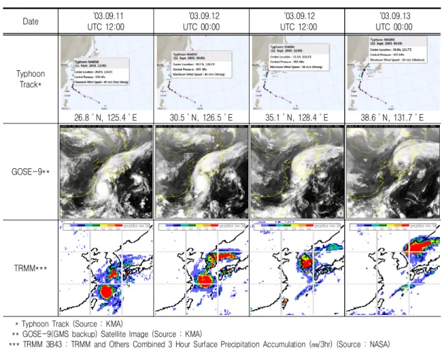 TABLE  3.  Typhoon  Maemi  -  Satellite(Optic,  Microwave)영하였다.  센서는  VISSR  (Visible-Infrared  Spin
