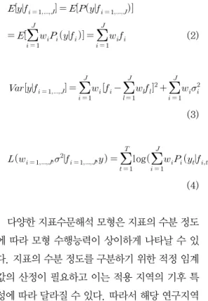 그림 7. 베이지안 통계 기법을 기반으로 한 다중 모형 모의 분석            (2)         (3)       log  (4)다양한 지표수문해석