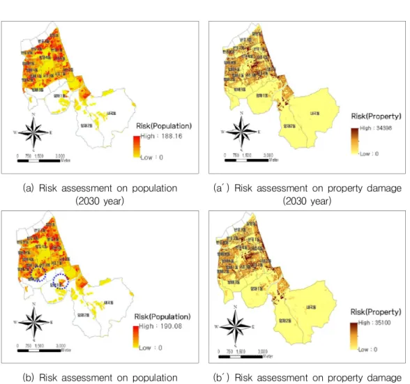 FIGURE  7. Flood risk assessment 나기도  했다.  홍수로  인한  인명피해의  위험이  높은  지역에  대해서는  빗물펌프,  하수관거  용량  개선  등  구조적  대책  뿐  아니라  홍수  발생  시  주민들에게  최대한  빨리  재해정보를  전달하고  대피할  수  있는  교육과  훈련을  우선적으로  실 시하는  등  맞춤형  대책이  마련되어  우선적으로  적용될  필요가  있다