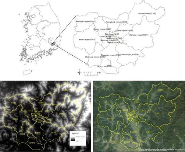 FIGURE 2.  Administrative  district  in Miryang2.  연구대상지  선정연구대상지는  그림  2와  같이  경상남도에  위치한  밀양시로  선정하였다
