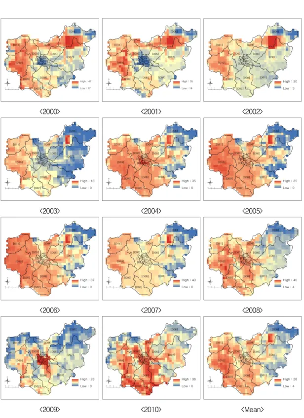 FIGURE  4. Distribution  of  heat wave  days from 2000  to  2010