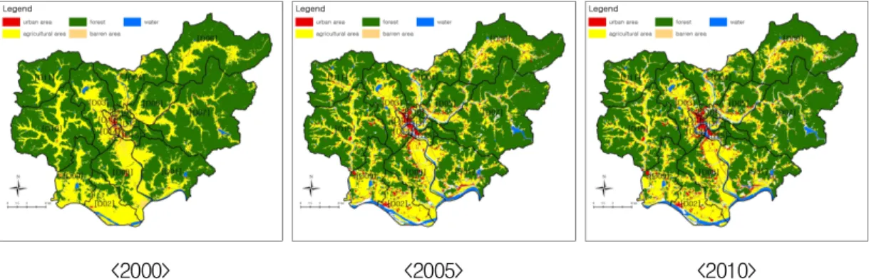 TABLE 1. Characteristics of land cover types in accordance with administrative district and  years  (unit  :  %) 토지피복유형을  분석한  결과는  그림  5,  표  2 와  같다