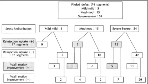 Fig. 1. Of 74 segments with persistent perfusion defect, 17 (23%) showed enhanced uptake after 24 hour reinjec- reinjec-tion (RI)