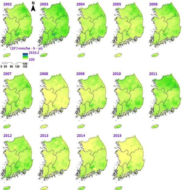 FIGURE 6. The distribution  map  of  R factor after applying  lapse  rate계에서  산정된  매개변수  공간분포도와  고도를 적용한  공간강우분포도를  ArcGIS를  이용하여 산술적으로  계산하여  최종적으로  고도  적용전 및  적용후  강우침식인자  분포도를  산정하였다.산정된  공간강우침식인자  회귀식과  고도  고려  후  연강우  분포도를  이용하여  최종  공간  강우침식인자를  산정하였