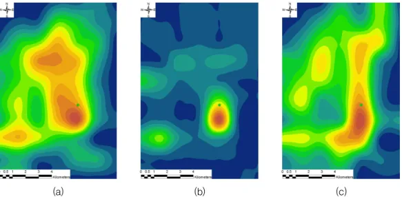FIGURE  9.  Density map of  lineament produced by LANDSAT-8  satellite image  using  spline  interpolation  method with  the epicenter( )  (a) frequency, (b) intersection, (c)  length