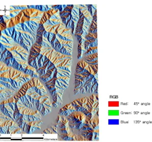 FIGURE 2. Shaded  relief  map  produced  by  30 degrees of  the  solar  altitude  and composition of 45,  90 and 135 degrees  of  the  solar azimuth어야  한다
