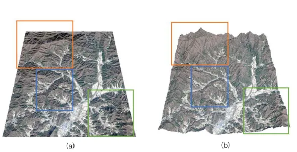 FIGURE 4. Comparison of LANDSAT-8 satellite images in boxed area representing the remarkable  difference of topographical relief features (a) two-dimensional image (b) three-dimensional image