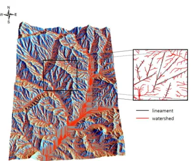 FIGURE 6. Criteria  for  visual  interpretation  of  lineament considering  drainage network  and extensity of  lineament on  shaded  relief  map