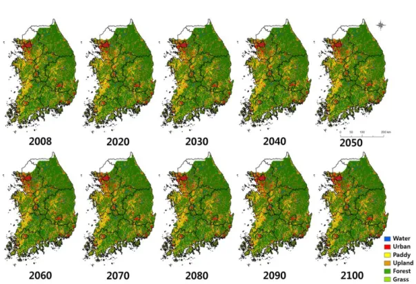 FIGURE  5.  Land use  change prediction 본  연구에서는  시나리오  검증을  위해  2008년 의  환경부  토지이용도와  비교를  통한  오차  분석 을  실시하였다