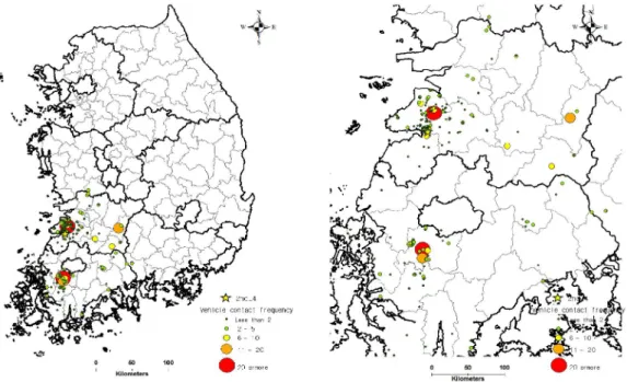 FIGURE    9.  Range  of  vehicles  movement  around  no  .4 :  metropolitan-distribution4)  광역  확산형광역  확산형은  두  개  이상의  광역지자체  내에  각각  집중된  유형으로,  지역  집중형이  각  광역시도에  1개  이상  확산된  유형이다