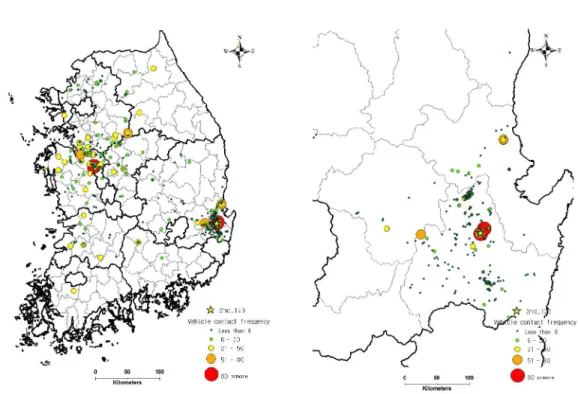 FIGURE    10.  Range  of  vehicles  movement  around  no  .123 :  nation-distribution 요약  및  결론 본  연구에서는  HPAI  발생농가에서  타  농가 로의  차량이동  범위를  지도에  표현하여  농가와  차량  간의  접촉빈도  정보를  통해  네트워크  유형 을  확인하고  분류하였다