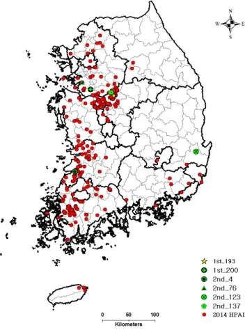 FIGURE  1.  HPAI  infected  poultry  farms  and  study  areas  in  South  Korea수  지역은  시·공간군집이  형성되었으며,  이는 지역  간의  방역  및  살처분이  효과적으로  수행되고  있음을  볼  수  있다
