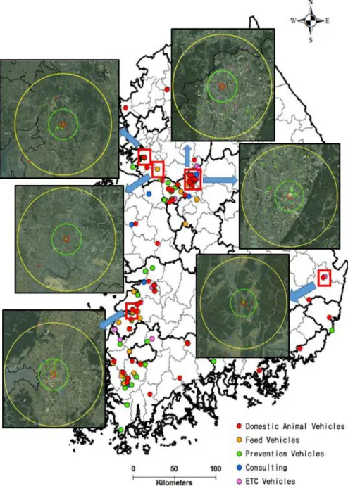 FIGURE  4.  Visiting  purpose  and  distribution  status  of  vehicles  to  respective  distance  in  study  areas