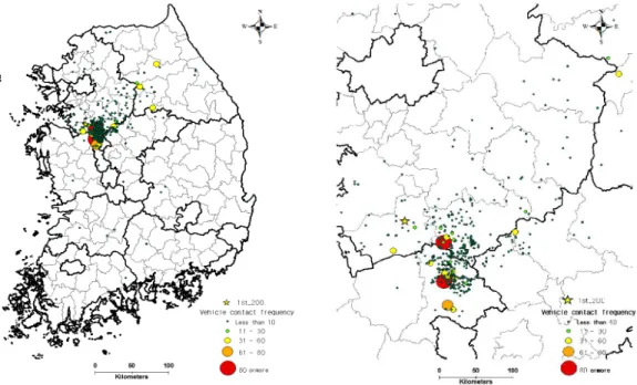 FIGURE  6.  Range of  vehicles  movement around no. 200 : region-distribution2)  지역  확산형지역  확산형은  인접  2~3개  지자체에  집중된 유형으로서,  지역  집중형에  비해  타  지역으로 보다  확산된  유형이다