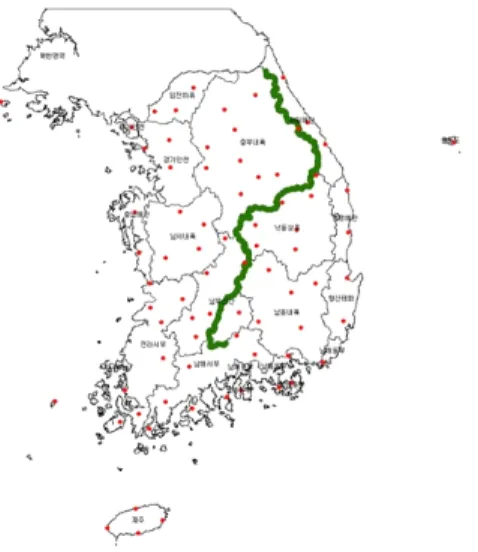 FIGURE  1.  Delimitation  of  forest  fire  climate  zone  considering  Baekdudaegan  and  eco  region                     (8)f or   ≤      여기에서,                                         (9)f o