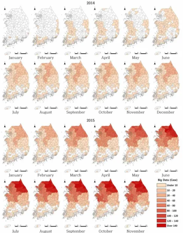 FIGURE  4.  Monthly  cumulative  agricultural  drought-related  big  data  from  2014  to  2015  September
