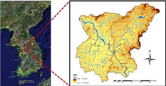 FIGURE  1.  Basin  map  and  inundation  trace  map  of  South  Han  river