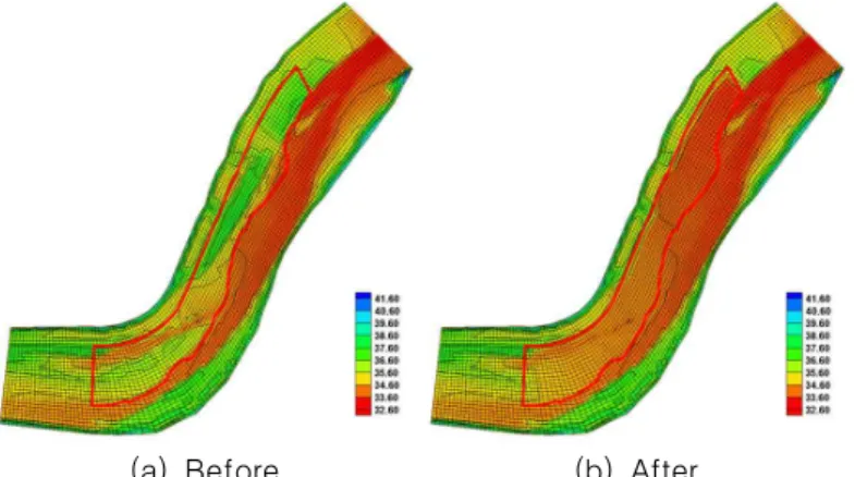 FIGURE 10. finite element mesh &amp; bed topography before/after dredging(analysis zone #3)