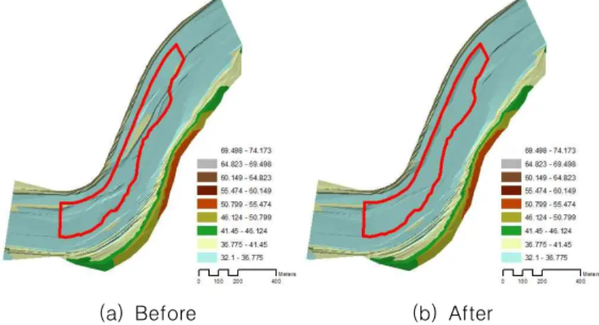 FIGURE  7.  TIN  of  river  topography  before/after  dredging(dredging  area  #3)
