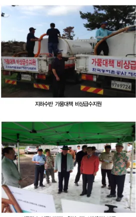 표 9. 2012년 관정개발 및 저수지준설 합 계 관     정 저수지준설 개소수 금액 개소수 금액 개소수 금액 141 190억원 67 26.7억원 74 163억원 지하수반 가뭄대책 비상급수지원 이동필 농식품부장관  함덕지구 사업현장 방문 그림 5